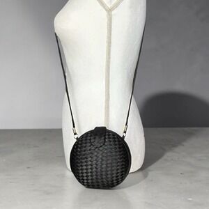 Vintage MAGID Round Crossbody Black Woven Satin Ribbon Hardshell Daytime Formal